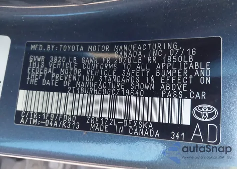 2016 Toyota Corolla S Plus from USA, damaged, VIN 2T1BURHE0GC719640